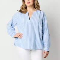 St. John's Bay Womens Plus Split Crew Neck Long Sleeve Blouse