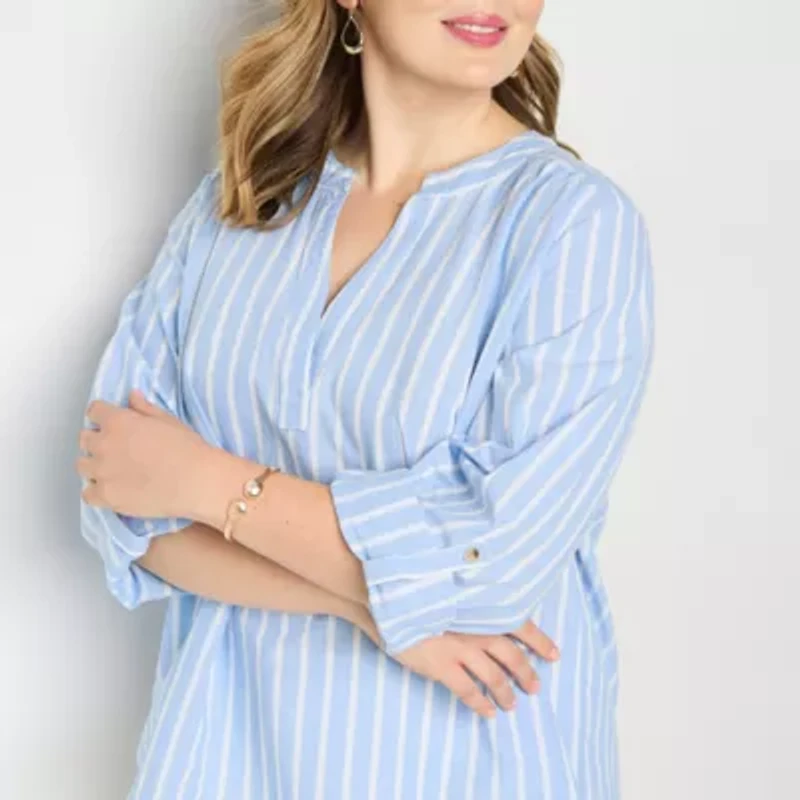 St. John's Bay Womens Plus Split Crew Neck Long Sleeve Blouse