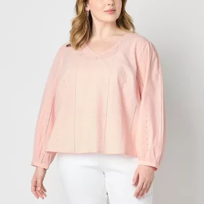 Liz Claiborne Womens V Neck Long Sleeve Plus Blouse