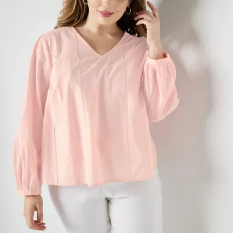 Liz Claiborne Womens V Neck Long Sleeve Plus Blouse