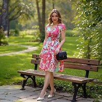 24seven Comfort Apparel Womens Short Sleeve Abstract A-Line Dress