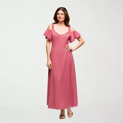 24seven Comfort Apparel Womens V Neck Short Sleeve Cold Shoulder Maxi Dress