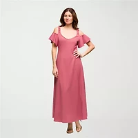 24seven Comfort Apparel Womens V Neck Short Sleeve Cold Shoulder Maxi Dress