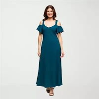24seven Comfort Apparel Womens V Neck Short Sleeve Cold Shoulder Maxi Dress