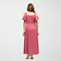 24seven Comfort Apparel Womens V Neck Short Sleeve Cold Shoulder Maxi Dress