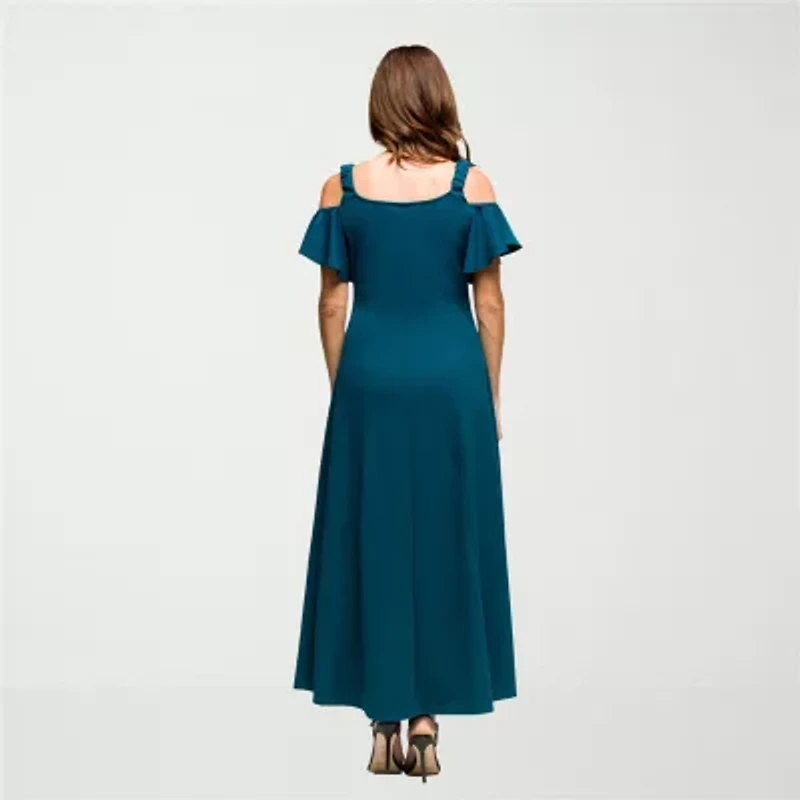 24seven Comfort Apparel Womens V Neck Short Sleeve Cold Shoulder Maxi Dress