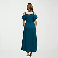 24seven Comfort Apparel Womens V Neck Short Sleeve Cold Shoulder Maxi Dress