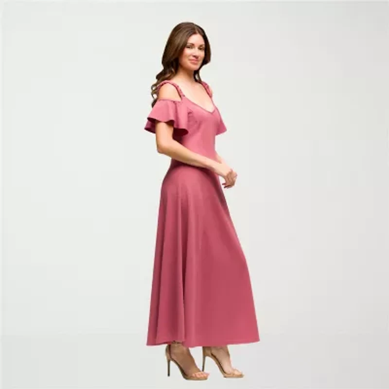24seven Comfort Apparel Womens V Neck Short Sleeve Cold Shoulder Maxi Dress