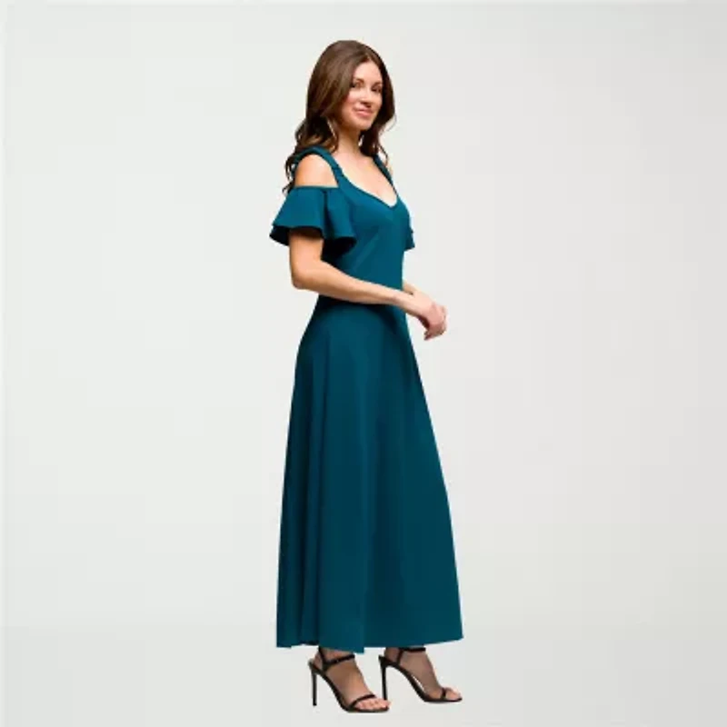 24seven Comfort Apparel Womens V Neck Short Sleeve Cold Shoulder Maxi Dress