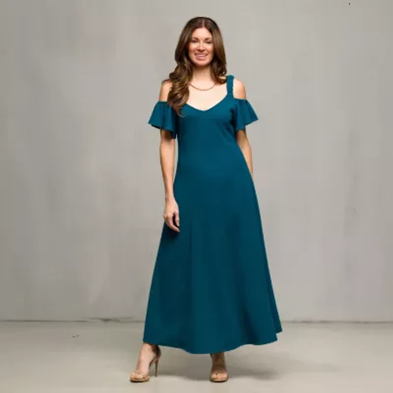 24seven Comfort Apparel Womens V Neck Short Sleeve Cold Shoulder Maxi Dress
