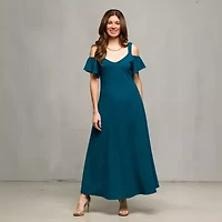 24seven Comfort Apparel Womens V Neck Short Sleeve Cold Shoulder Maxi Dress