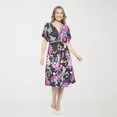 24seven Comfort Apparel Womens Short Sleeve Paisley Midi Wrap Dress