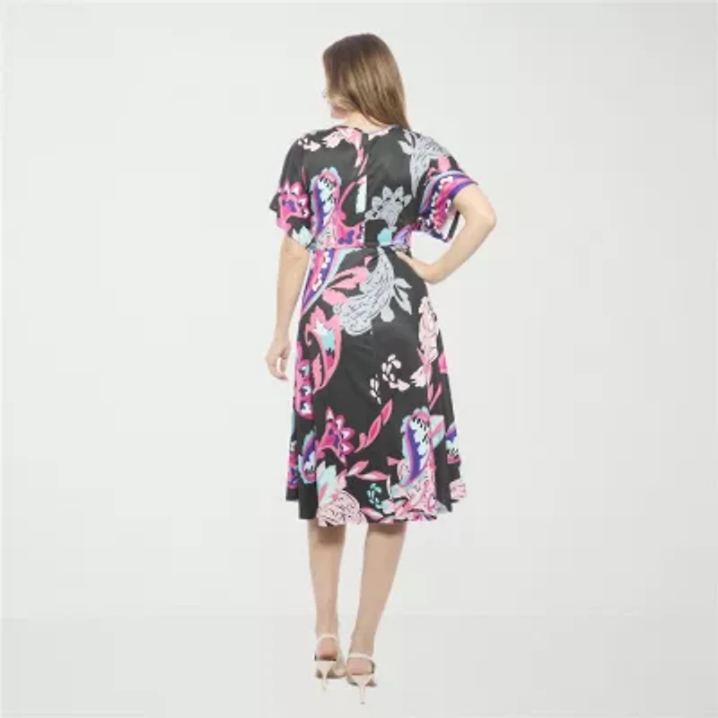 24seven Comfort Apparel Womens Short Sleeve Paisley Midi Wrap Dress