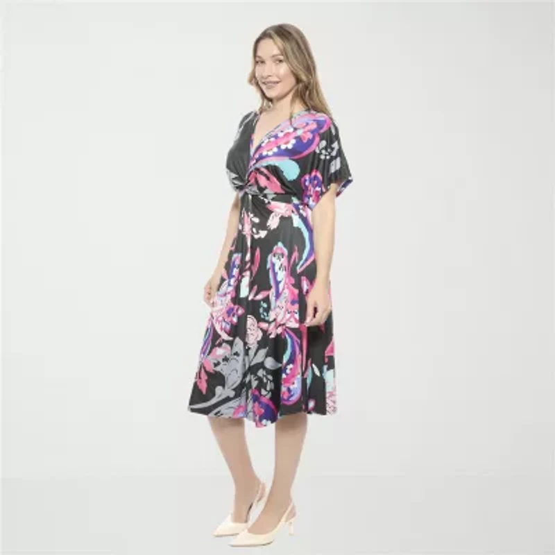 24seven Comfort Apparel Womens Short Sleeve Paisley Midi Wrap Dress