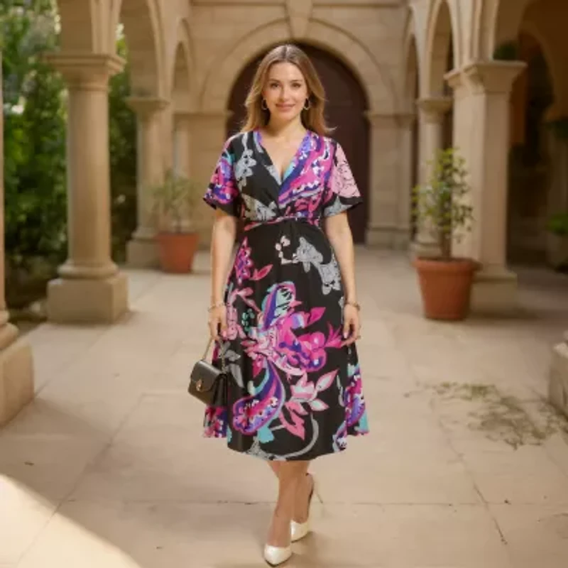 24seven Comfort Apparel Womens Short Sleeve Paisley Midi Wrap Dress