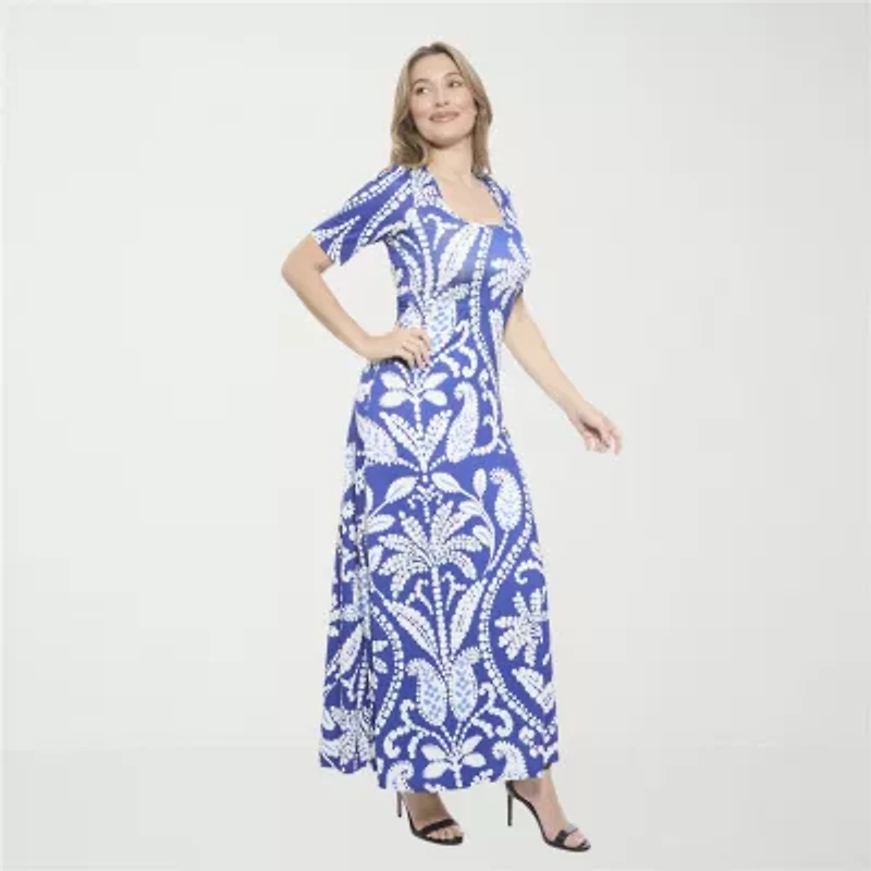 24seven Comfort Apparel Womens Elbow Sleeve Paisley Maxi Dress