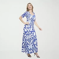 24seven Comfort Apparel Womens Elbow Sleeve Paisley Maxi Dress