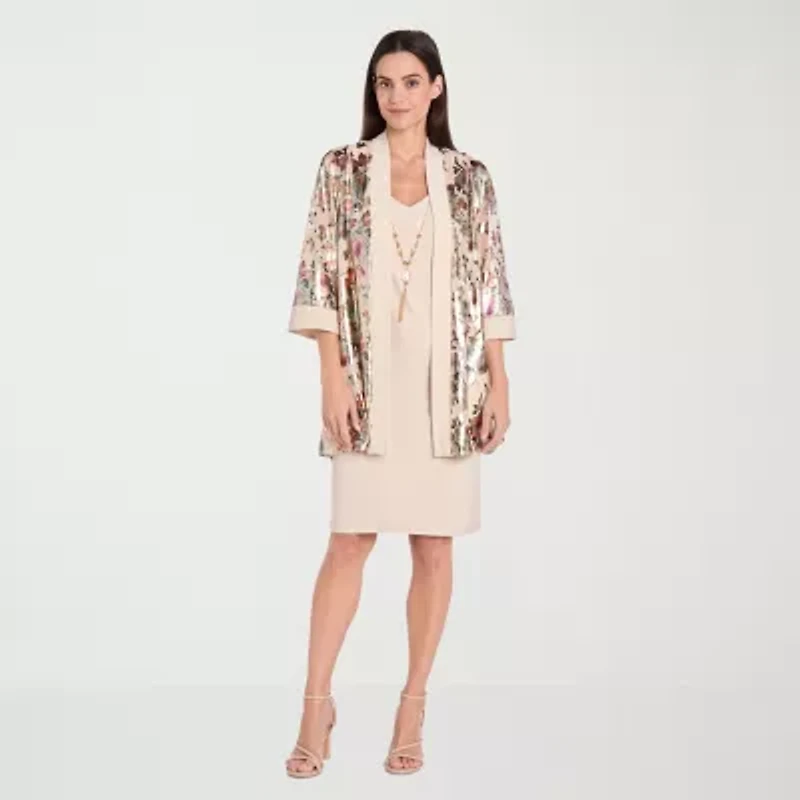 R & M Richards Womens Floral Jacket Dress With Removable Necklace