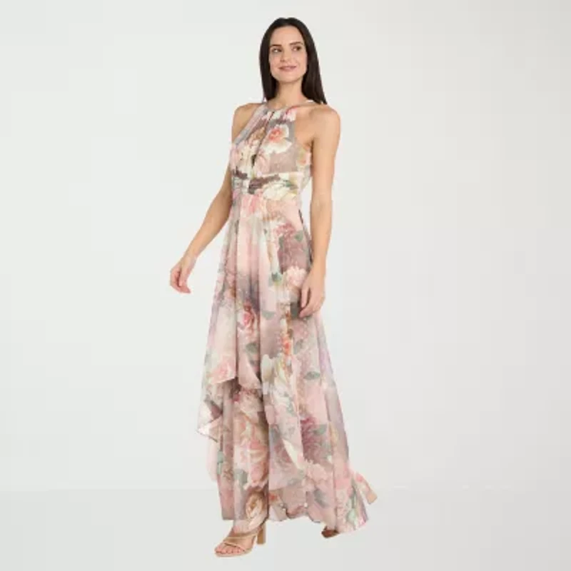 R & M Richards Womens Sleeveless Floral Evening Gown