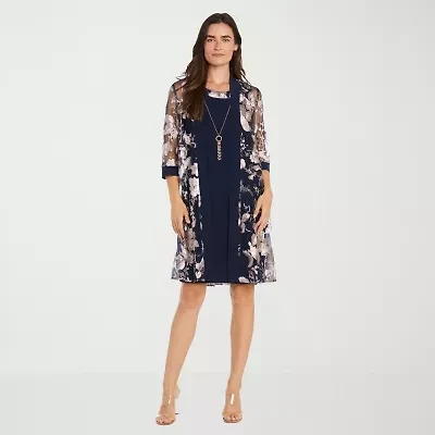R & M Richards Womens Floral Jacket Dress With Removable Necklace
