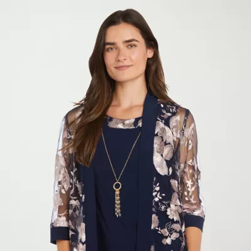 R & M Richards Womens Floral Jacket Dress With Removable Necklace