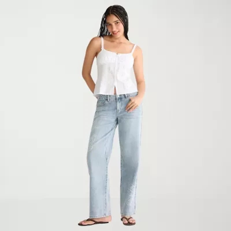 AEROPOSTALE Womens Juniors Spaghetti Straps Sleeveless Regular Fit Button-Down Shirt
