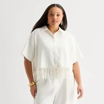 Worthington Womens Plus Short Sleeve Regular Fit Button-Down Shirt