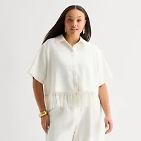 Worthington Womens Plus Short Sleeve Regular Fit Button-Down Shirt