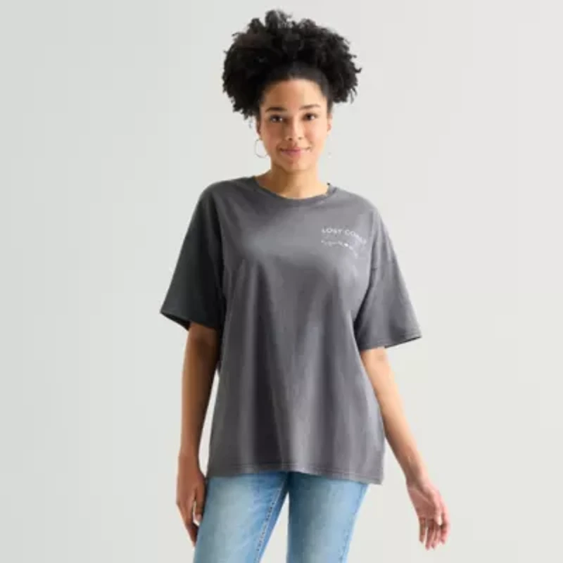 Arizona Womens Juniors Round Neck Short Sleeve Oversized Graphic T-Shirt