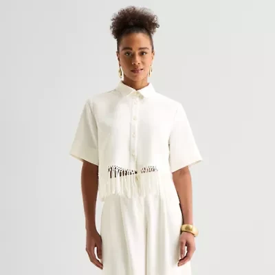 Worthington Womens Cuffed Short Sleeve Regular Fit Button-Down Shirt