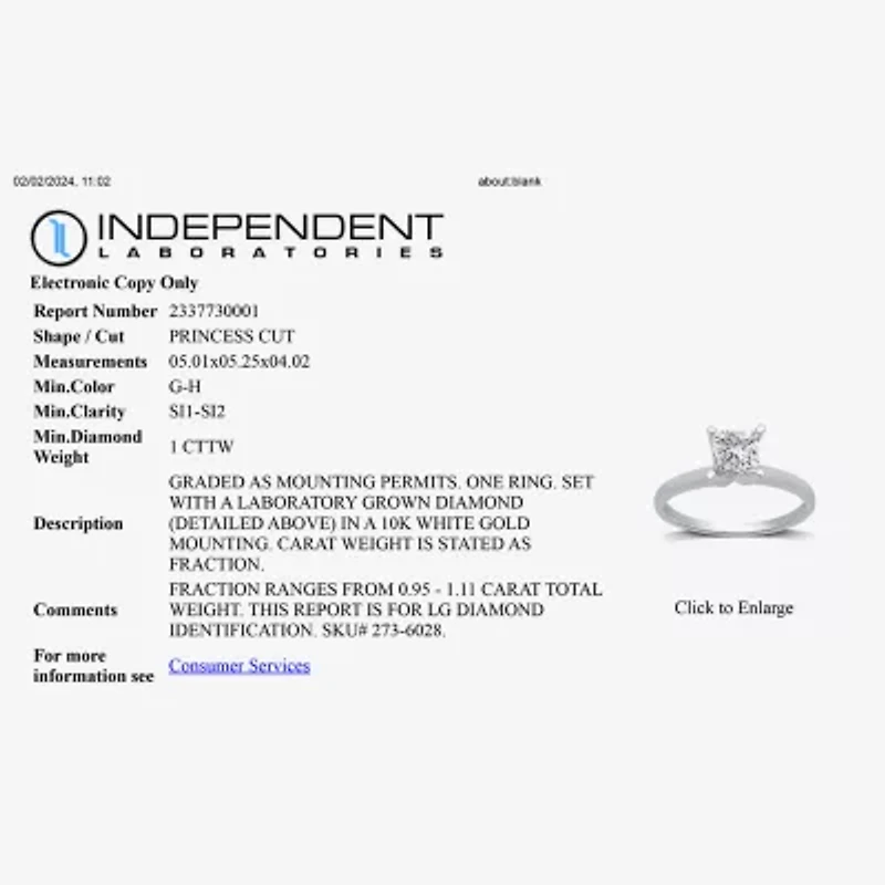 1 CT. Lab-Grown (G-H / SI1-SI2) Diamond Princess-cut Solitaire Engagement Ring 10K Gold