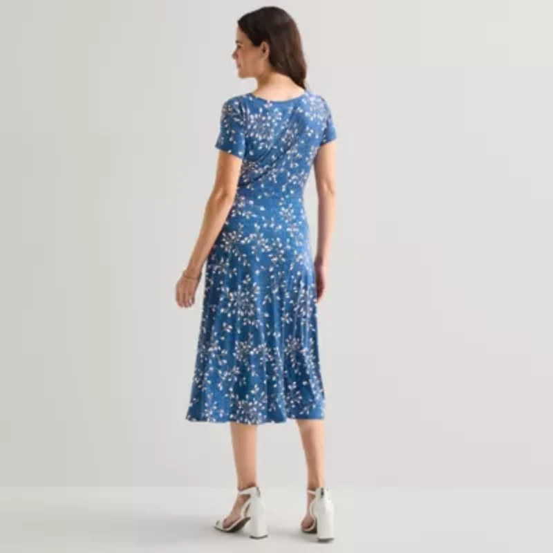 Perceptions Womens Midi Round Neck Short Sleeve Floral Fit + Flare Dress