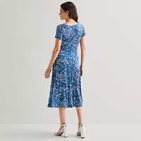 Perceptions Womens Midi Round Neck Short Sleeve Floral Fit + Flare Dress