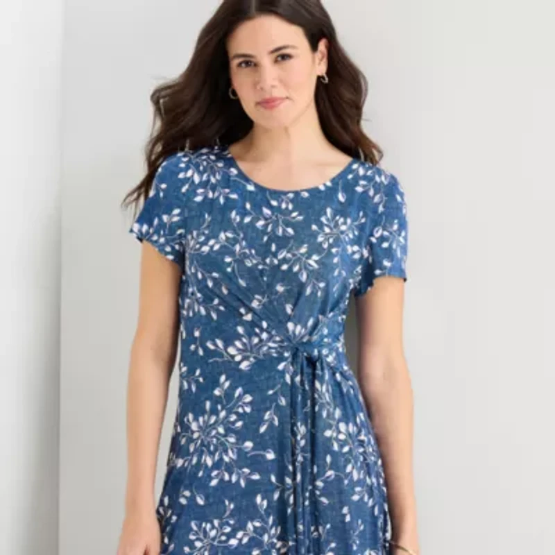 Perceptions Womens Midi Round Neck Short Sleeve Floral Fit + Flare Dress