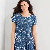 Perceptions Womens Midi Round Neck Short Sleeve Floral Fit + Flare Dress