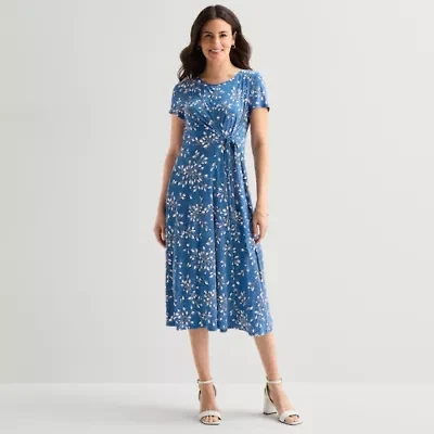 Perceptions Womens Midi Round Neck Short Sleeve Floral Fit + Flare Dress