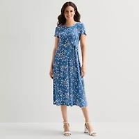 Perceptions Womens Midi Round Neck Short Sleeve Floral Fit + Flare Dress