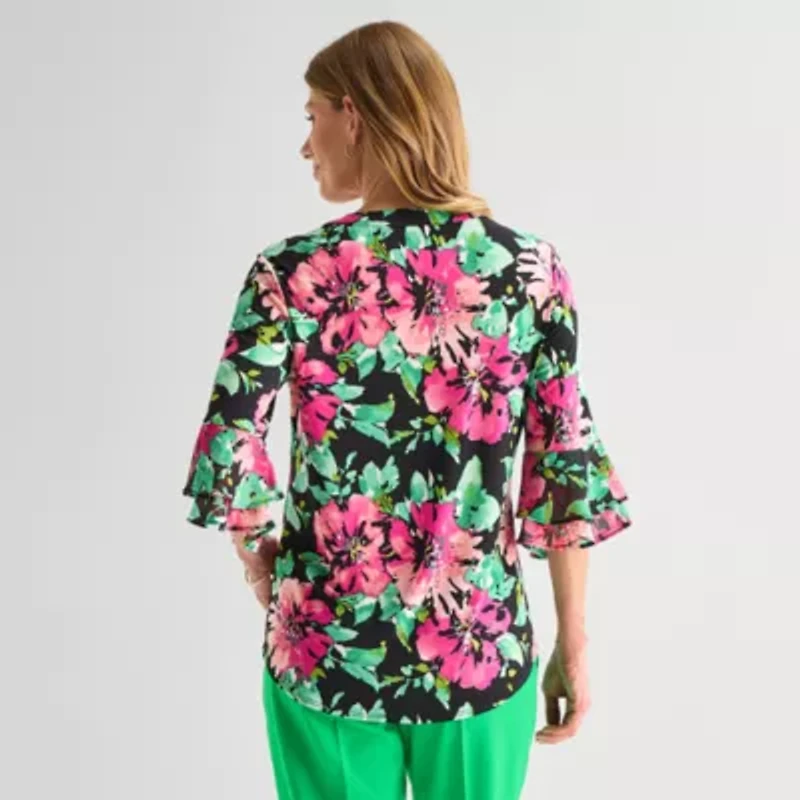 Black Label by Evan-Picone Womens Split Crew Neck 3/4 Sleeve Blouse