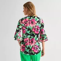 Black Label by Evan-Picone Womens Split Crew Neck 3/4 Sleeve Blouse