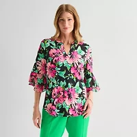 Black Label by Evan-Picone Womens Split Crew Neck 3/4 Sleeve Blouse