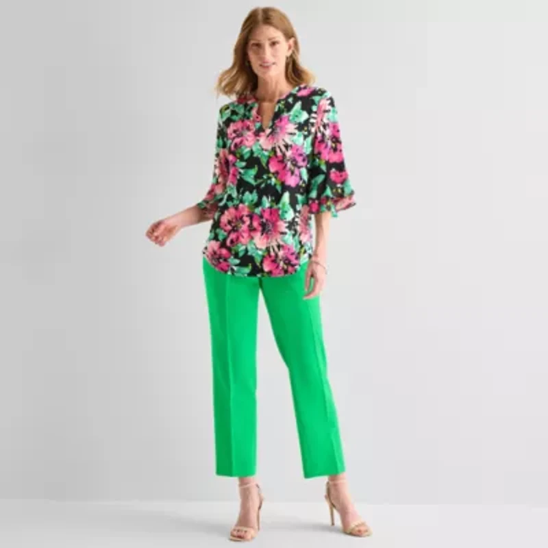 Black Label by Evan-Picone Womens Split Crew Neck 3/4 Sleeve Blouse