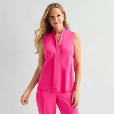 Black Label by Evan-Picone Womens Split Tie Neck Sleeveless Blouse