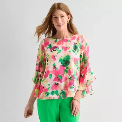 Black Label by Evan-Picone Womens Round Neck 3/4 Sleeve Blouse