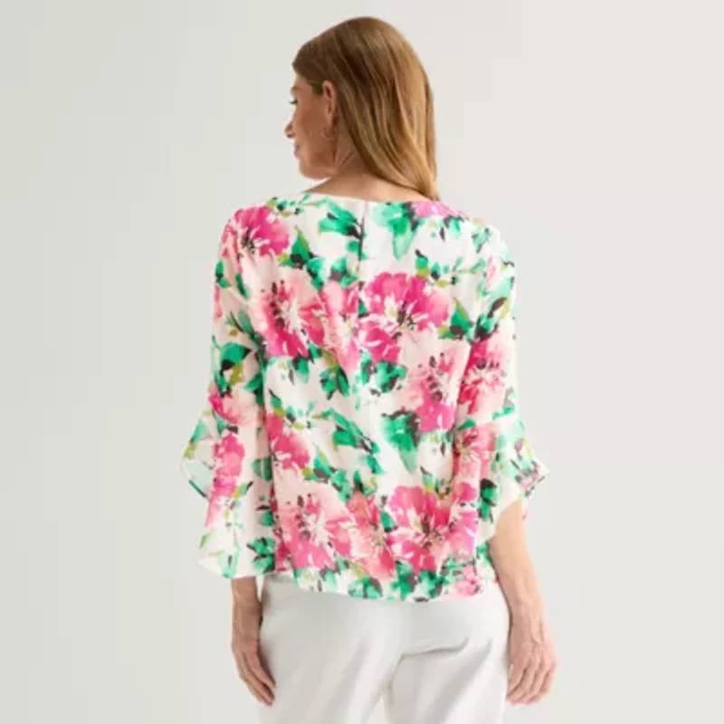 Black Label by Evan-Picone Womens Petite Round Neck 3/4 Sleeve Blouse