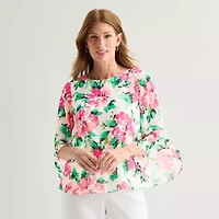 Black Label by Evan-Picone Womens Petite Round Neck 3/4 Sleeve Blouse