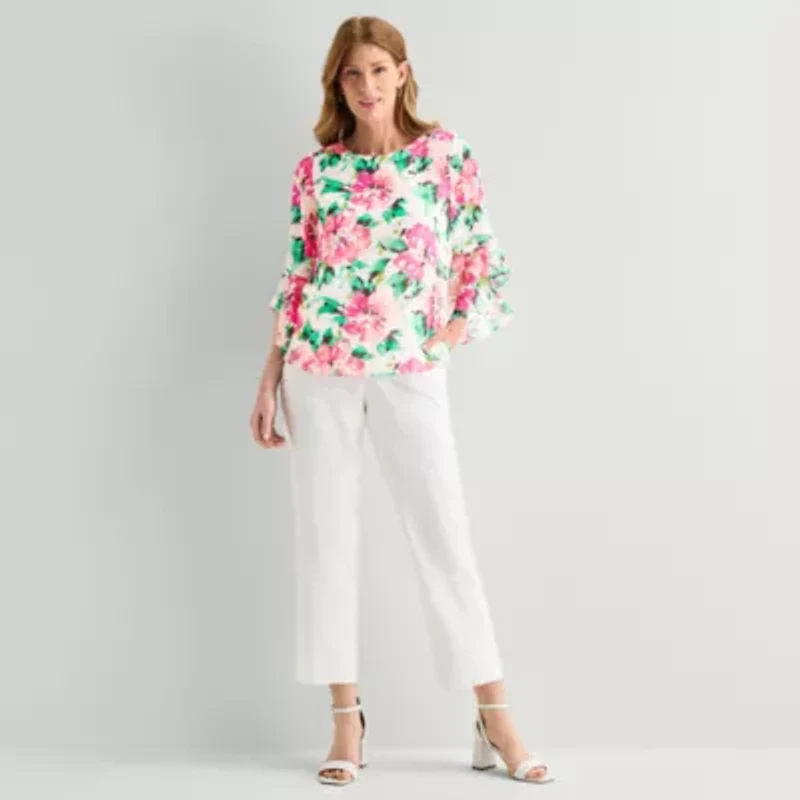 Black Label by Evan-Picone Womens Petite Round Neck 3/4 Sleeve Blouse