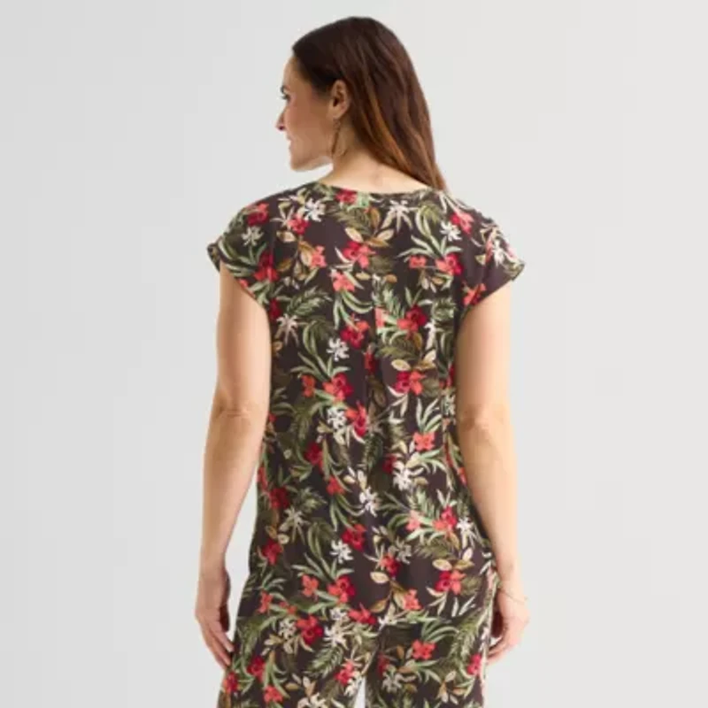 Liz Claiborne Womens Split Crew Neck Short Sleeve Satin Blouse