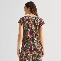 Liz Claiborne Womens Split Crew Neck Short Sleeve Satin Blouse