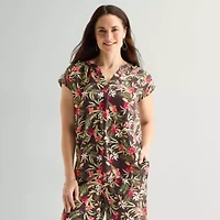 Liz Claiborne Womens Split Crew Neck Short Sleeve Satin Blouse