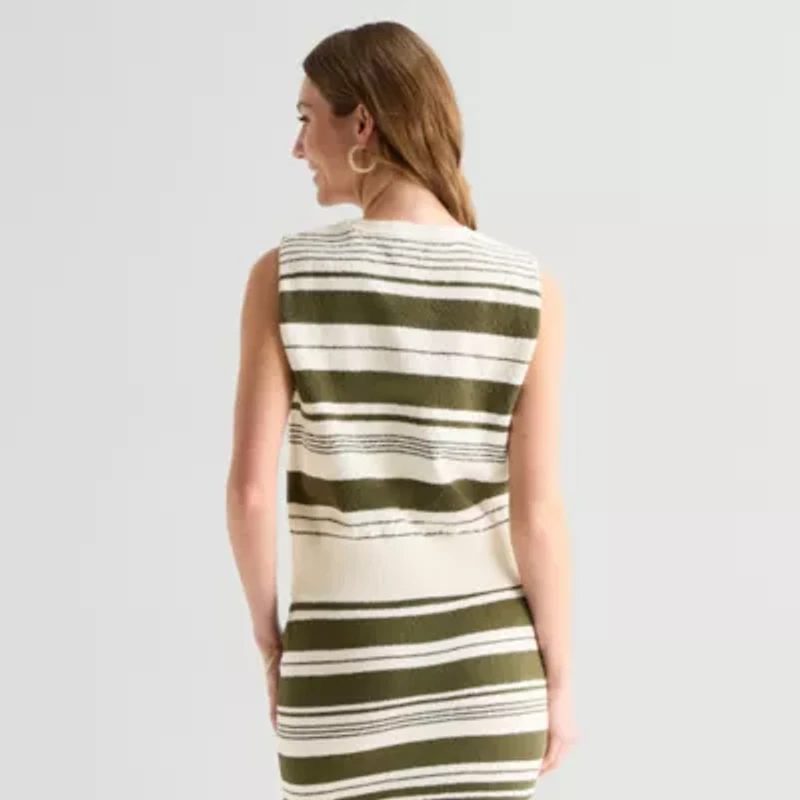 Liz Claiborne Womens Crew Neck Sleeveless Striped Pullover Sweater